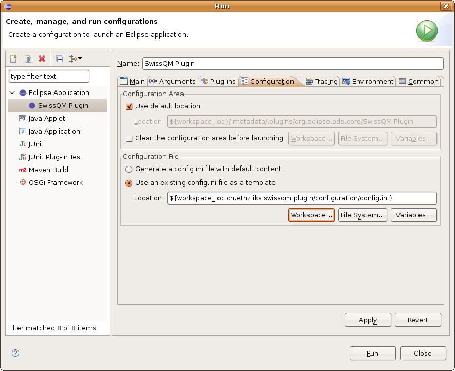 Setting Run Configuration for SwissQM Eclipse Plugin -- configuration tab