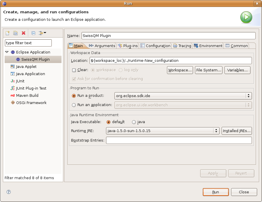 Setting Run Configuration for SwissQM Eclipse Plugin -- main tab