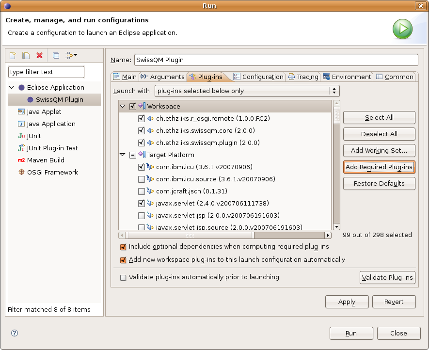 Setting Run Configuration for SwissQM Eclipse Plugin -- plug-ins tab